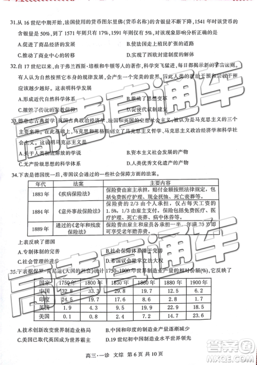 2019届泸州市高三一诊文综试题及参考答案