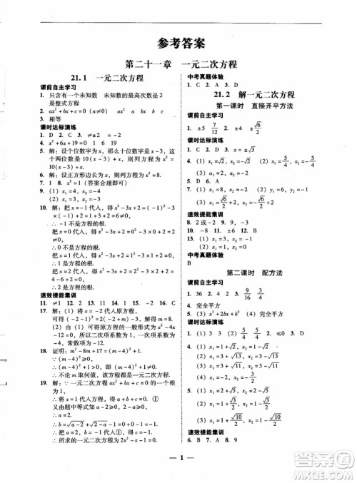 南粤学典2018学考精练数学九年级全一册人教版RJ参考答案