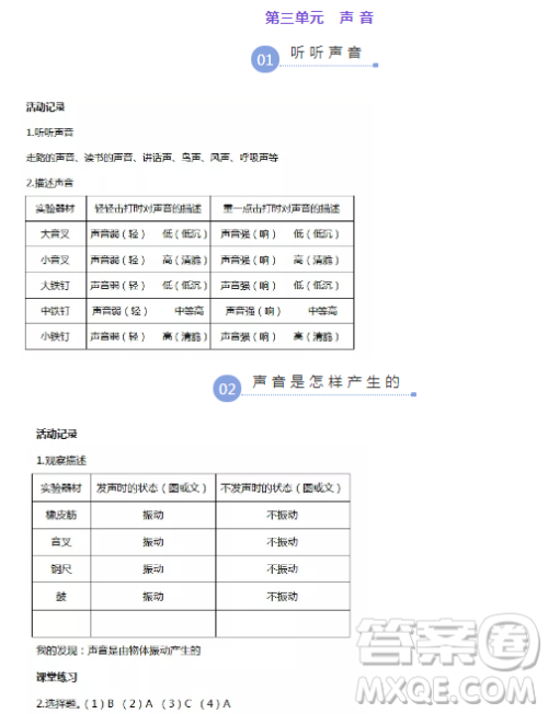 2018浙江四年级上册科学作业本第三单元答案