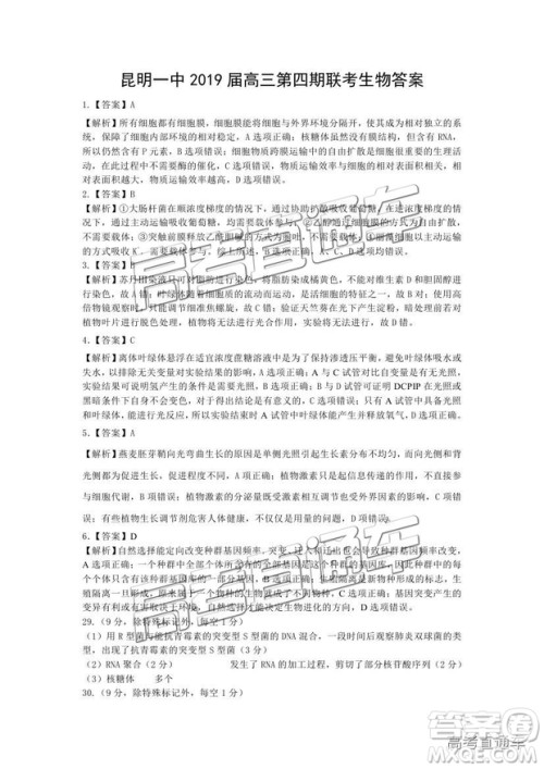 2018年11月昆明一中高三第四期联考理综答案 2018年11月昆明一中高三第四期联考理综答案