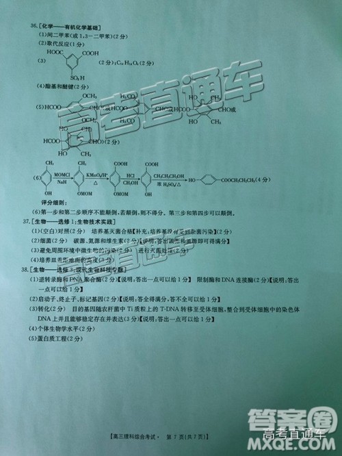 2018年11月广东金太阳百校联考理综试题及参考答案