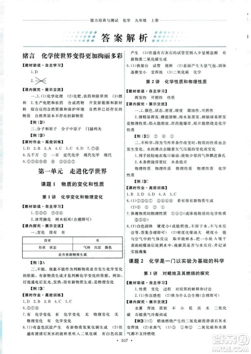 9787107317132能力培养与测试2018秋九年级化学上人教版参考答案