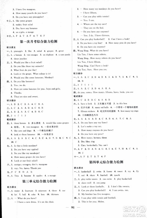 9787539293509阳光同学2018版课时优化作业四年级上册英语YL译林版参考答案