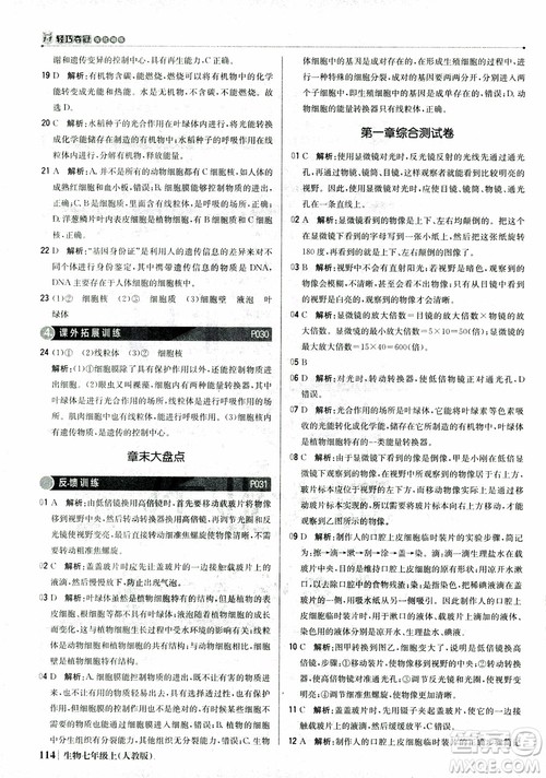9787552240603人教版银版1+1轻巧夺冠优化训练七年级上册生物2018参考答案 9787552240603人教版银版1+1轻巧夺冠优化训练七年级上册生物2018参考答案
