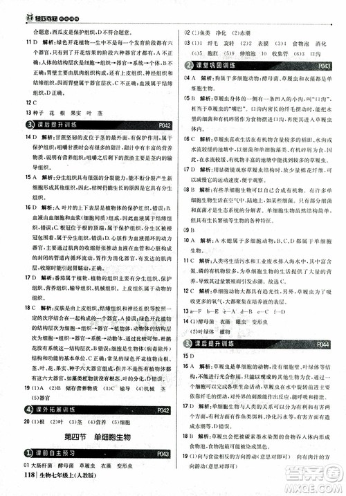 9787552240603人教版银版1+1轻巧夺冠优化训练七年级上册生物2018参考答案