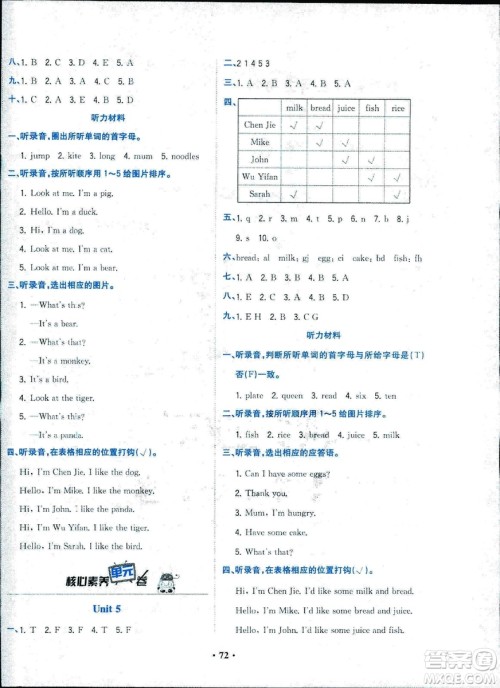 2018年核心素养卷课时练B英语三年级上册答案