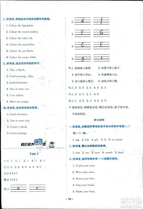 2018年核心素养卷课时练B英语三年级上册答案 2018年核心素养卷课时练B英语三年级上册答案