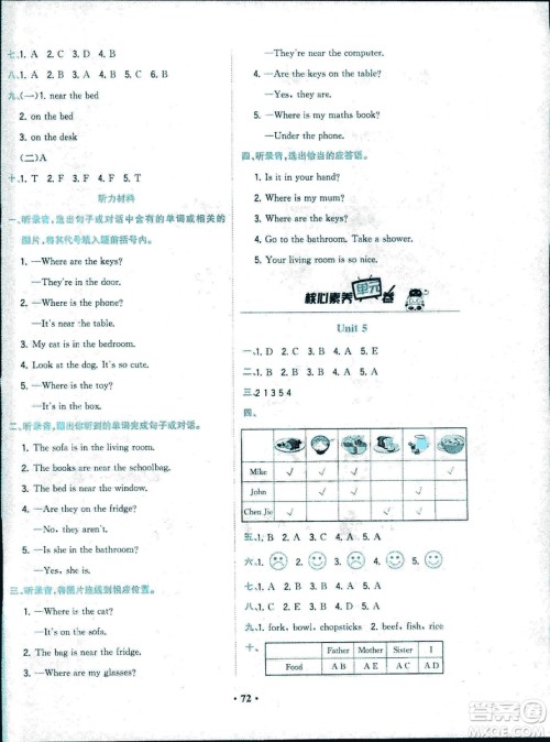 2018年课时练B核心素养卷英语四年级上册参考答案