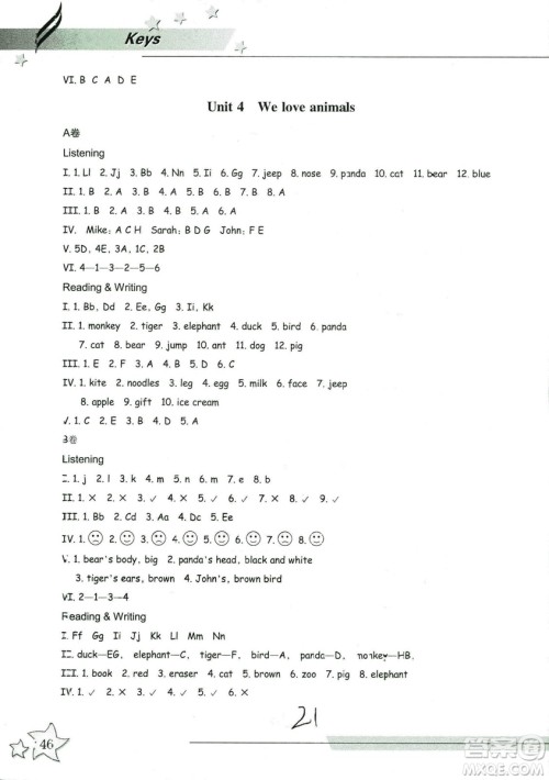 9787553659954新课标单元同步双测2018年小学英语三年级上册人教PEP版答案