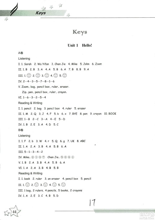 9787553659954新课标单元同步双测2018年小学英语三年级上册人教PEP版答案