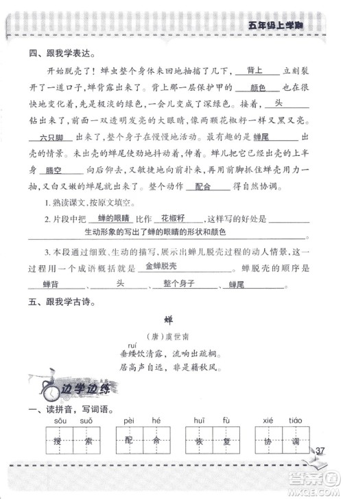 2018年新版新课堂同步学习与探究语文五年级上参考答案 2018年新版新课堂同步学习与探究语文五年级上参考答案