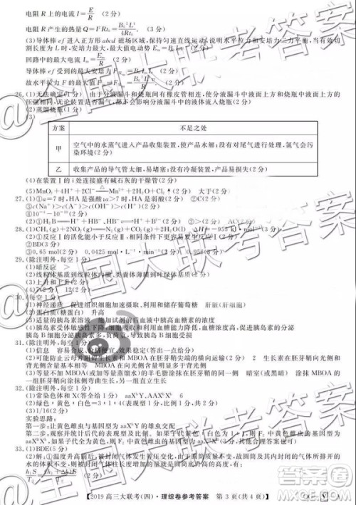 2019全国百所名校高三大联考四调理综答案 2019全国百所名校高三大联考四调理综答案