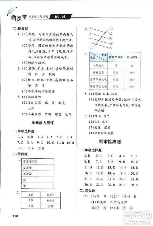 2018新版地理新课堂同步学习与探究七年级上青岛版答案