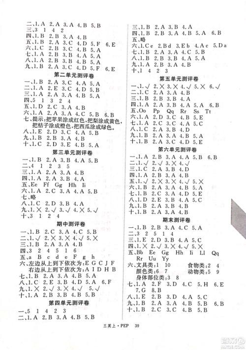 优翼丛书9787563492886学练优小学英语三年级上PEP人教版2018年参考答案 优翼丛书9787563492886学练优小学英语三年级上PEP人教版2018年参考答案