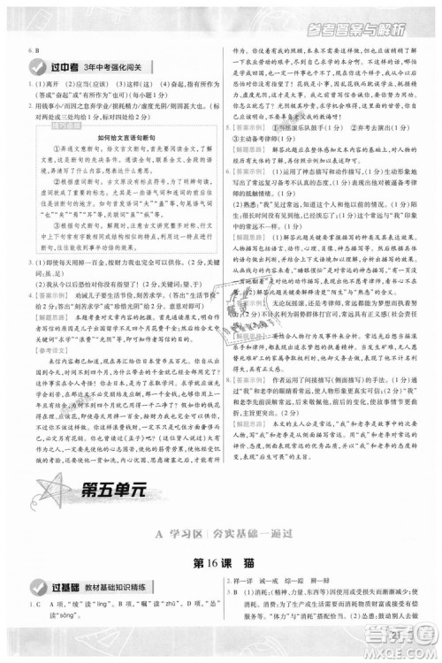 9787565128059天星教育2019版一遍过七年级上语文RJ版人教版参考答案