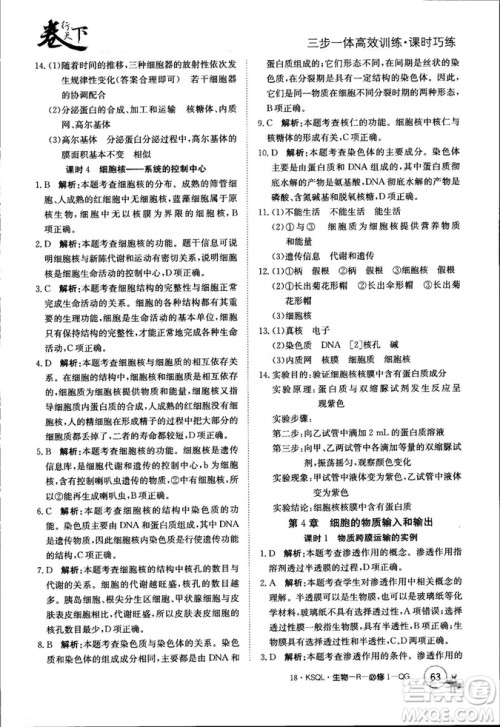 2019年人教版创新版卷行天下课时巧练生物必修1参考答案