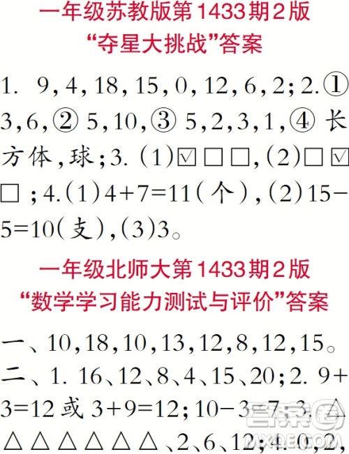 小学数学报2018一年级第1433期答案 小学数学报2018一年级第1433期答案
