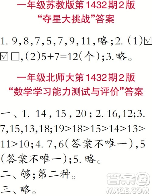 小学数学报2018一年级第1432期答案 小学数学报2018一年级第1432期答案
