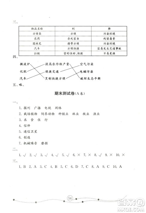 鲁人版2018秋小学品德与社会五年级上册金钥匙试卷参考答案