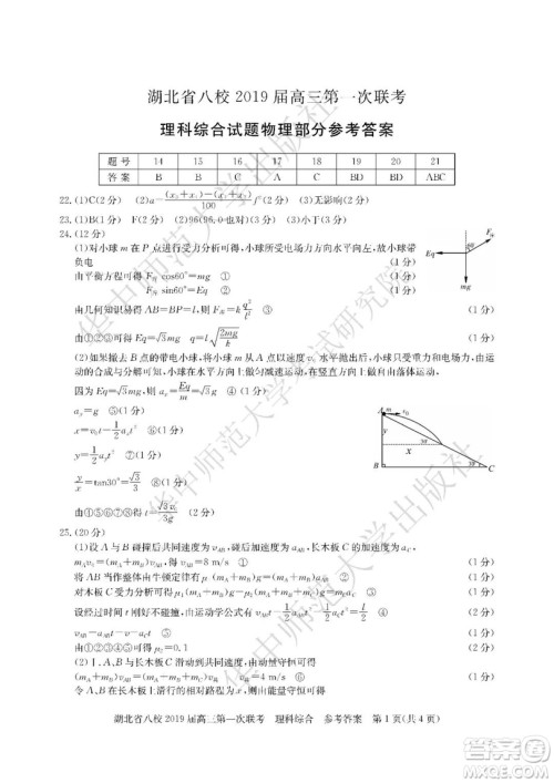 2019届湖北八校联考高三第一次联考试题理综参考答案