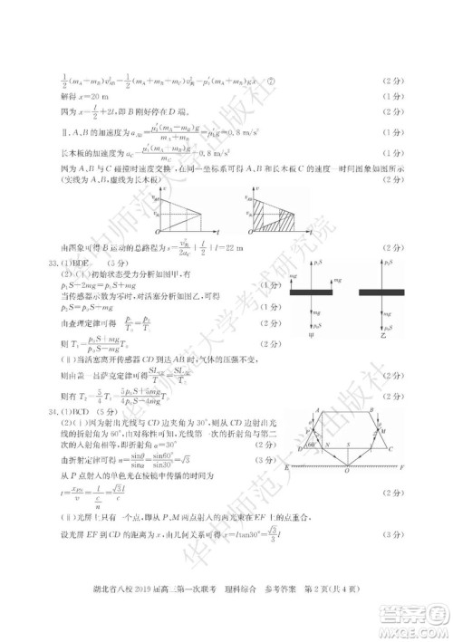 2019届湖北八校联考高三第一次联考试题理综参考答案