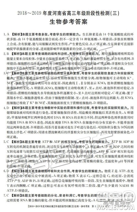 2018年12月河南金太阳百校联考百千联考理综答案 2018年12月河南金太阳百校联考百千联考理综答案