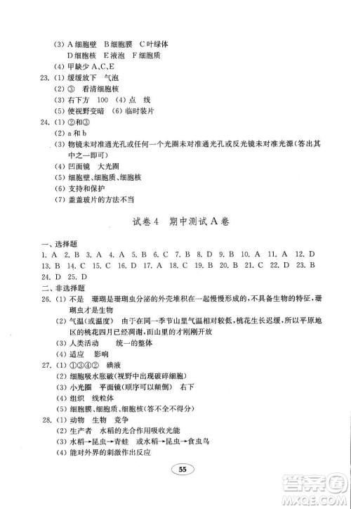 2018秋金钥匙试卷五四制鲁科版六年级上册生物学参考答案