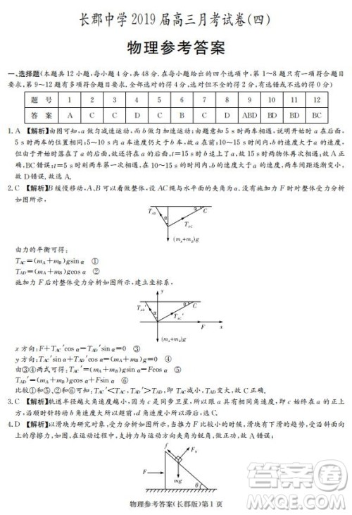 湖南省长郡中学2019届高三12月月考物理试题答案