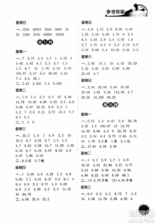 2018年计算小达人数学五年级上册江苏版参考答案 2018年计算小达人数学五年级上册江苏版参考答案