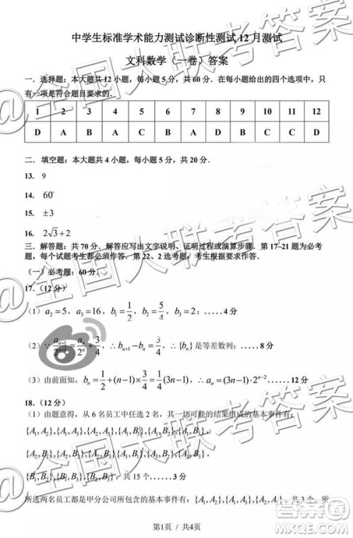 中学生标准学术能力诊断性测试2018年12月测试高三文数答案 中学生标准学术能力诊断性测试2018年12月测试高三文数答案