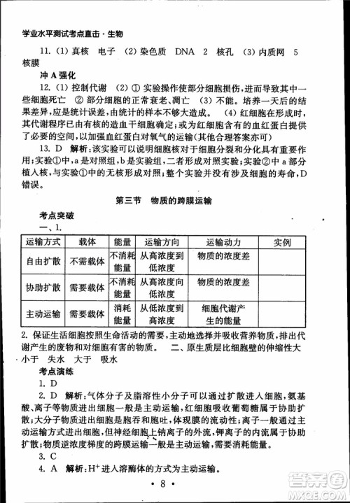 2019江苏普通高中必修科目学业水平测试考点直击生物SJ参考答案