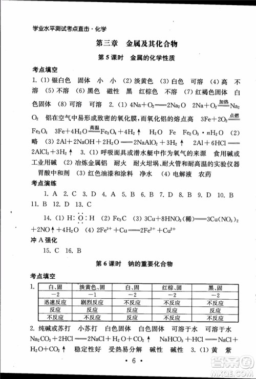2019江苏普通高中必修科目学业水平测试考点直击化学RJ人教版参考答案 2019江苏普通高中必修科目学业水平测试考点直击化学RJ人教版参考答案