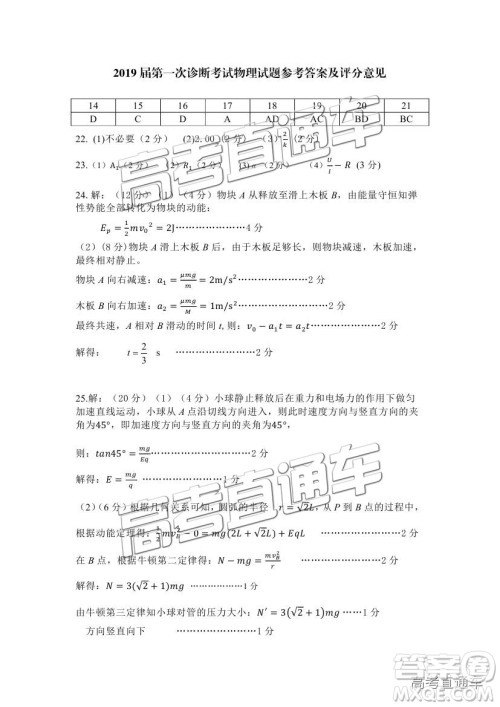 2019南充一诊理综试题及参考答案