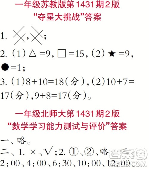 2018年小学生数学报一年级第1431期答案 2018年小学生数学报一年级第1431期答案