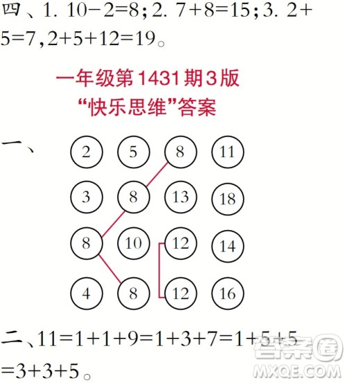 2018年小学生数学报一年级第1431期答案 2018年小学生数学报一年级第1431期答案