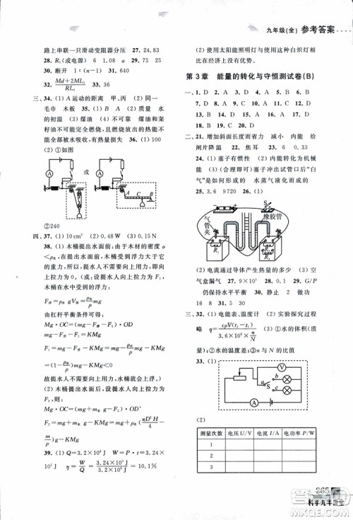 2018年尖子生培优教材测试九年级科学全一册第3次修订参考答案