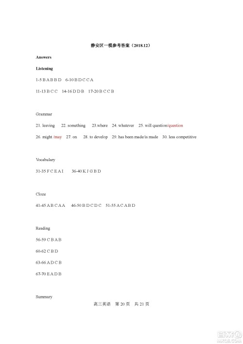 2019届上海静安高三一模英语试卷答案 2019届上海静安高三一模英语试卷答案