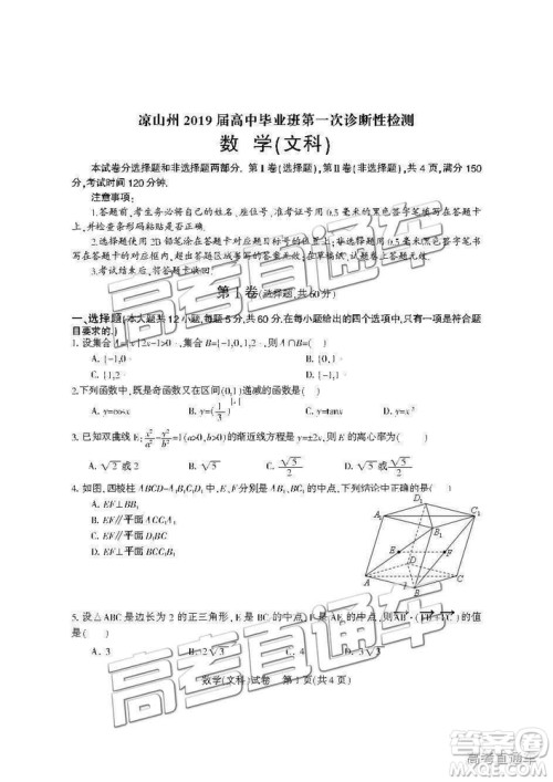 2019届凉山一诊高三文数试卷及参考答案 2019届凉山一诊高三文数试卷及参考答案