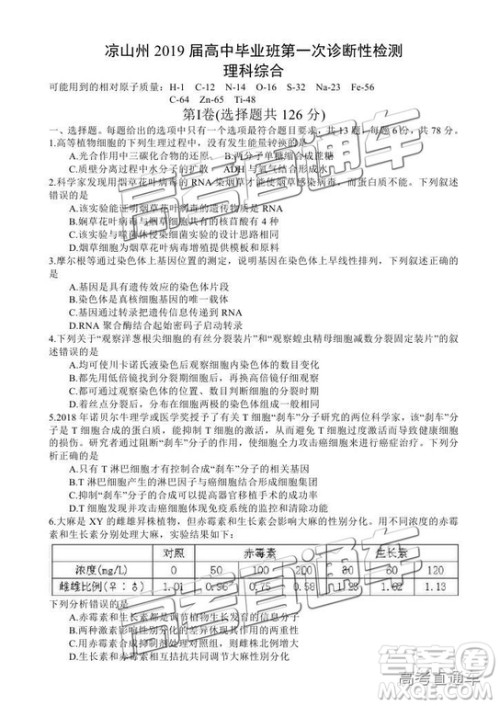 2019凉山一诊高三理综试题及参考答案 2019凉山一诊高三理综试题及参考答案