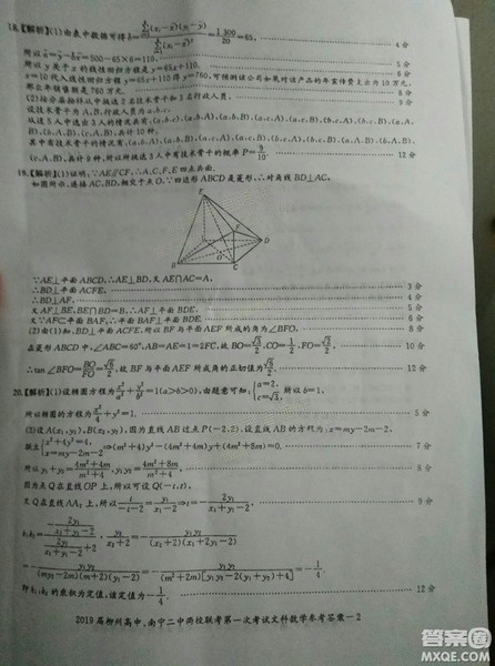 2019广西柳州高中、南宁二中两校联考文数试题及参考答案