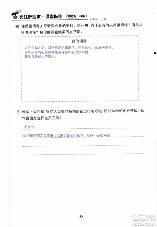9787535182647长江作业本同步练习册四年级上册科学鄂教版参考答案