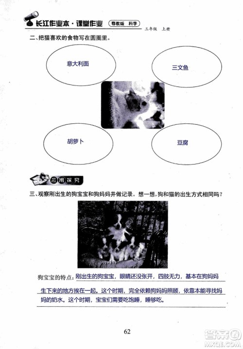 2018年长江作业本课堂作业科学三年级上册鄂教版参考答案