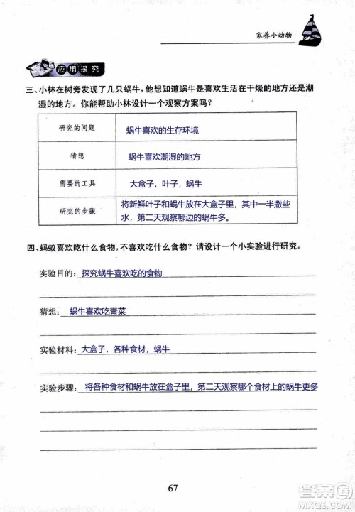 2018年长江作业本课堂作业科学三年级上册鄂教版参考答案