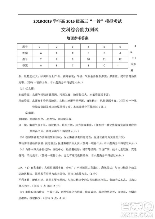 2019届四川成都高新区高三一诊文综答案 2019届四川成都高新区高三一诊文综答案