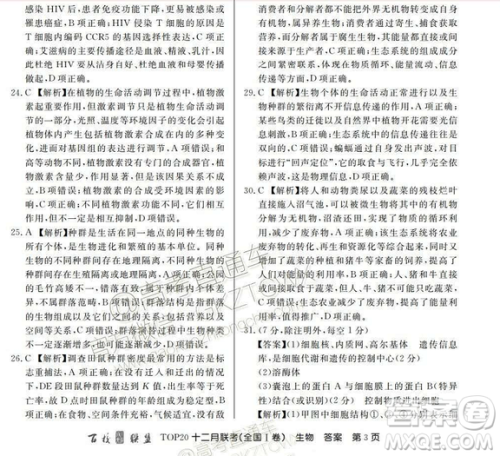 百校联盟2019届TOP20十二月联考全国Ⅰ卷生物试卷及参考答案 百校联盟2019届TOP20十二月联考全国Ⅰ卷生物试卷及参考答案