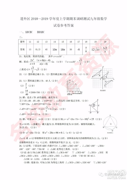 哈尔滨市道外区2018-2019年九年级上学期期末调研测试数学试卷及答案 哈尔滨市道外区2018-2019年九年级上学期期末调研测试数学试卷及答案