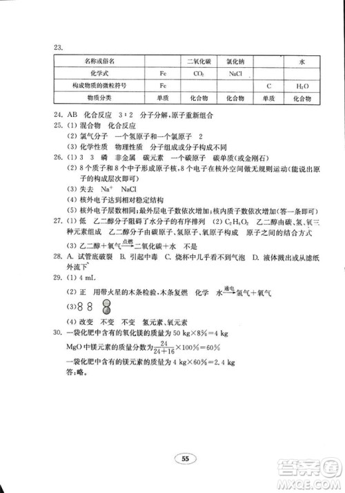  9787532873425化学八年级上册鲁教版五四制金钥匙试卷2018秋答案