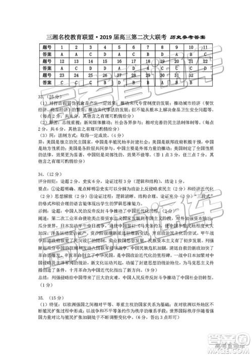 2019届湖南省三湘名校教育联盟高三第二次大联考文综试题及参考答案