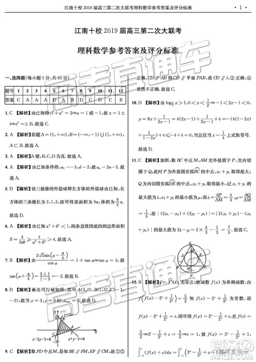 江南十校2019届高三第二次大联考理科数学试卷及答案解析 江南十校2019届高三第二次大联考理科数学试卷及答案解析