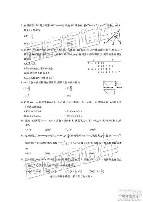 2019届四川省乐山市高中第一次调查研究考试文数试题及参考答案